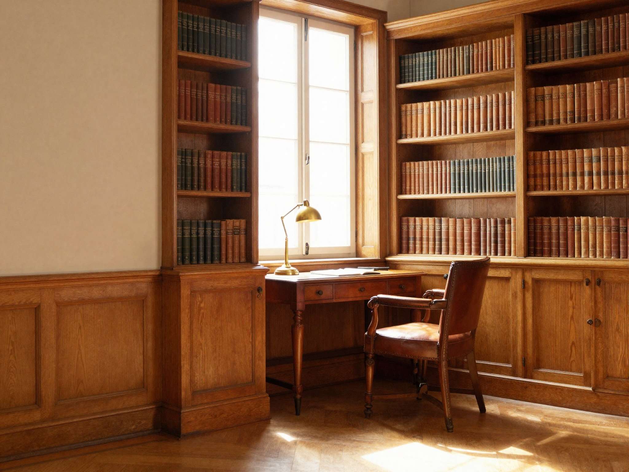 A private study lined with bound volumes and lit by a single window. The working environment of CIMA Advisory in Luxembourg.